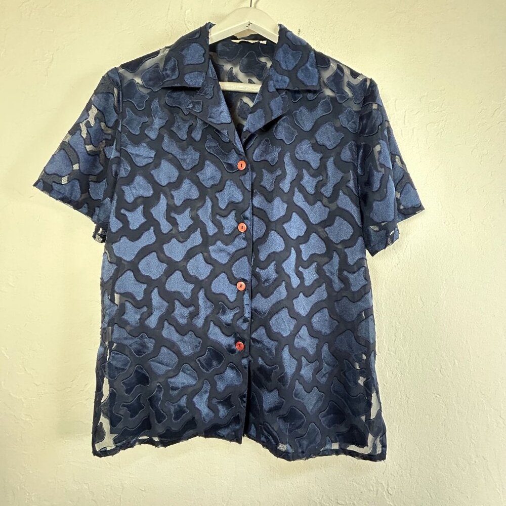 Vintage Sir Robert Womens Sheer Blue Pattern Short Sleeve Button-Up Shirt Medium
